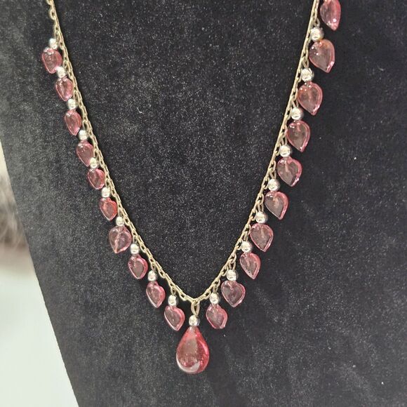 **Final Sale** Silver Tone Red Heart Shaped Glass Dangling Beaded Necklace 14" - Picture 2 of 14